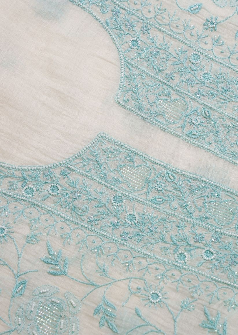 Firgun White & Turquoise Lucknowi Chikankari Mul Chanderi Unstitched Kurta & Dupatta Set