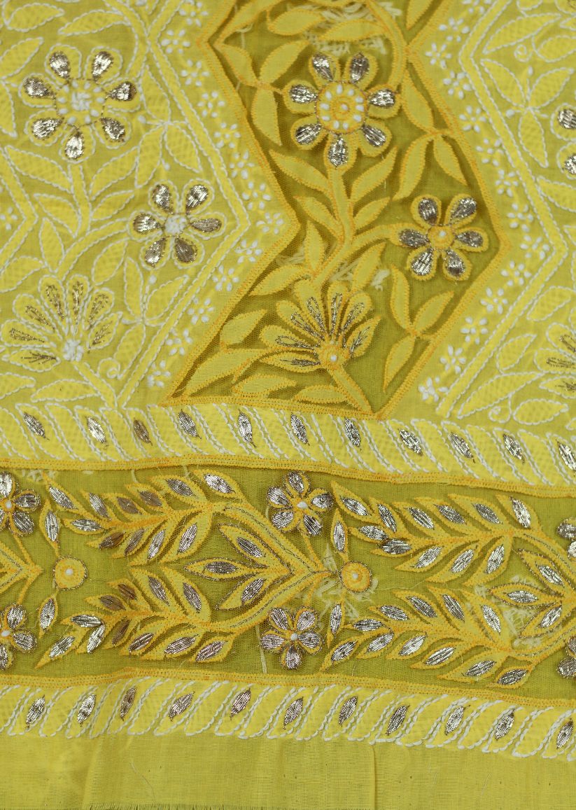 Firgun Yellow Lucknowi Chikankari & Gotapatti Cotton Unstitched Kurta