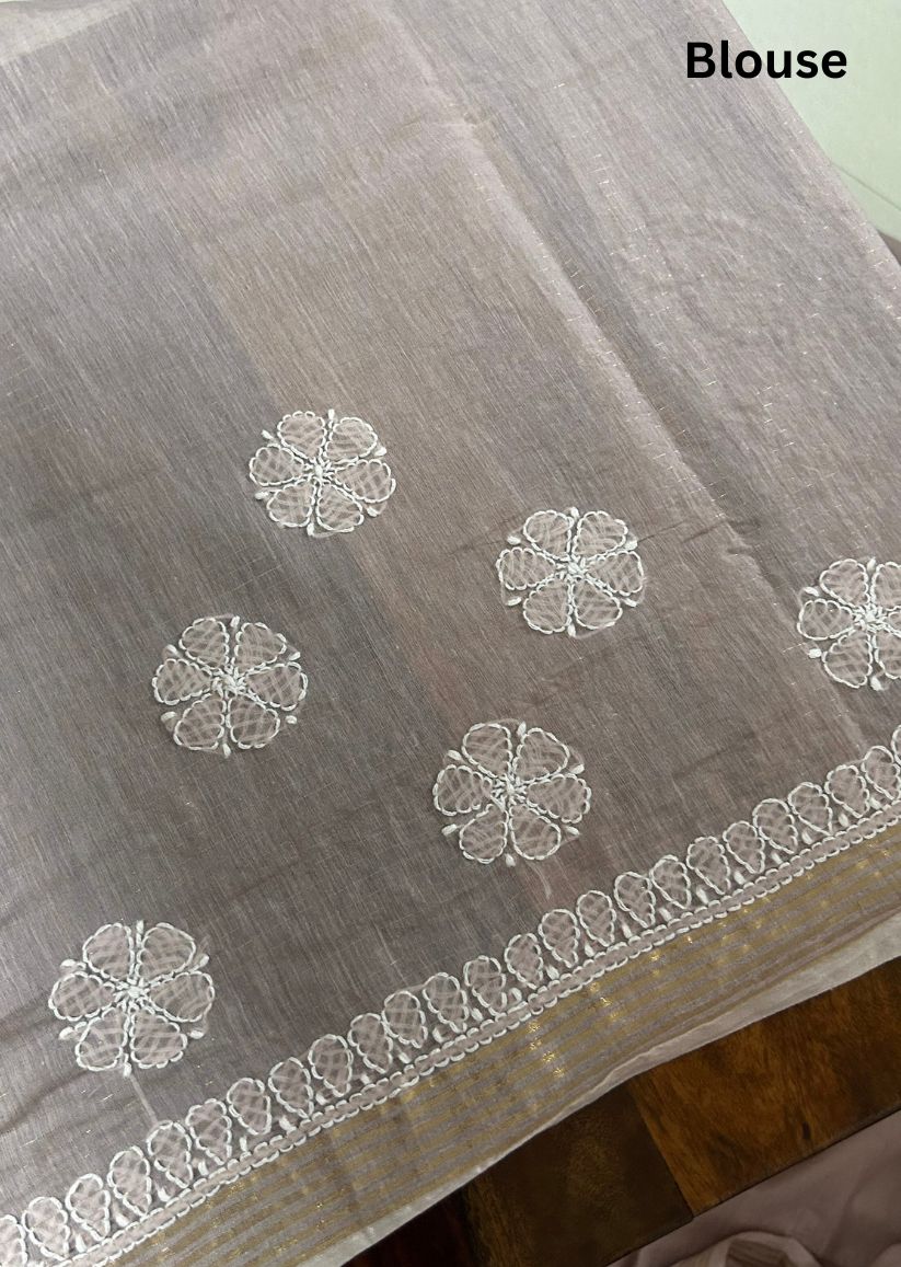 Firgun Rosy Brown Lucknowi Chikankari Mul Cotton Saree with Unstitched Blouse Piece