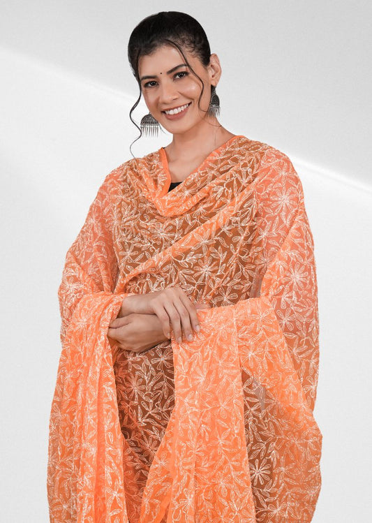Firgun Orange Tepchi Lucknowi Chikankari Georgette Dupatta2