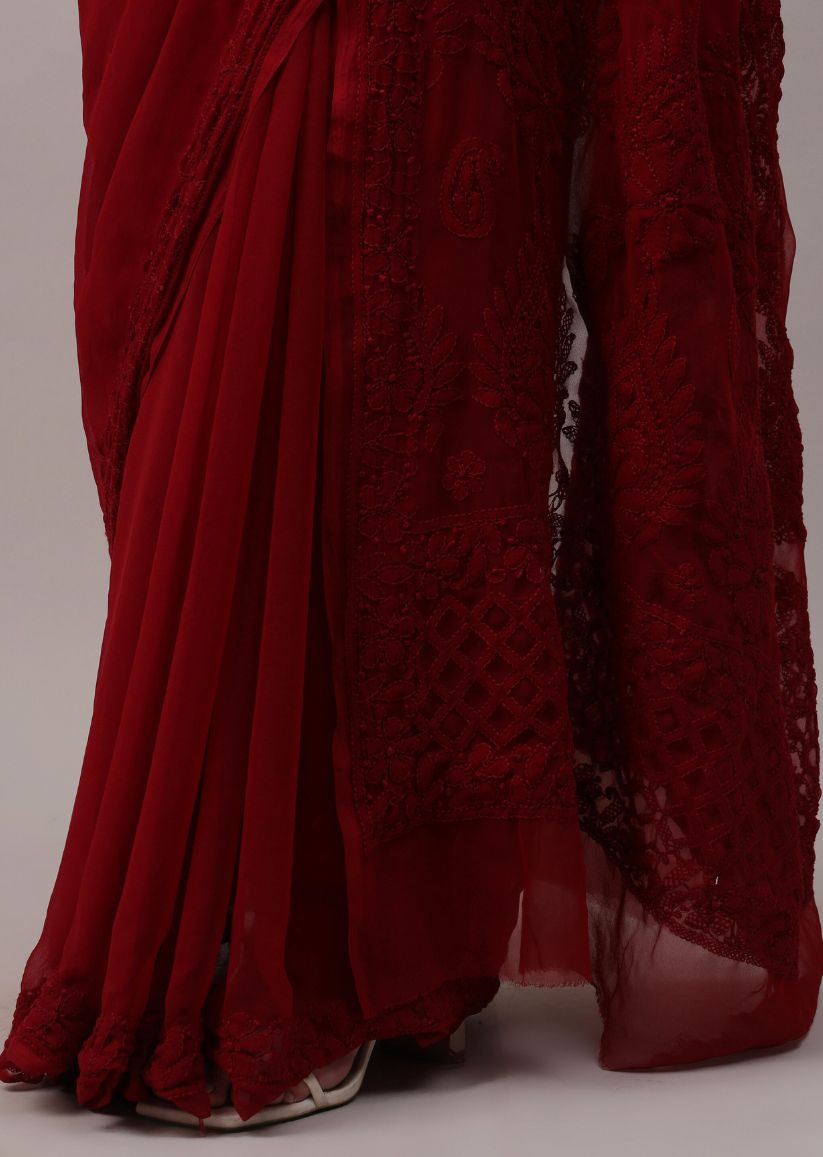 Firgun Lucknowi Chikankari Georgette Saree with Blouse Piece