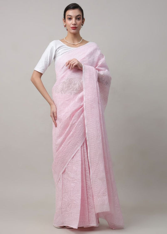 Firgun Baby Pink Lucknowi Chikankari Kota Doria Tepchi Work Saree with Blouse Piece