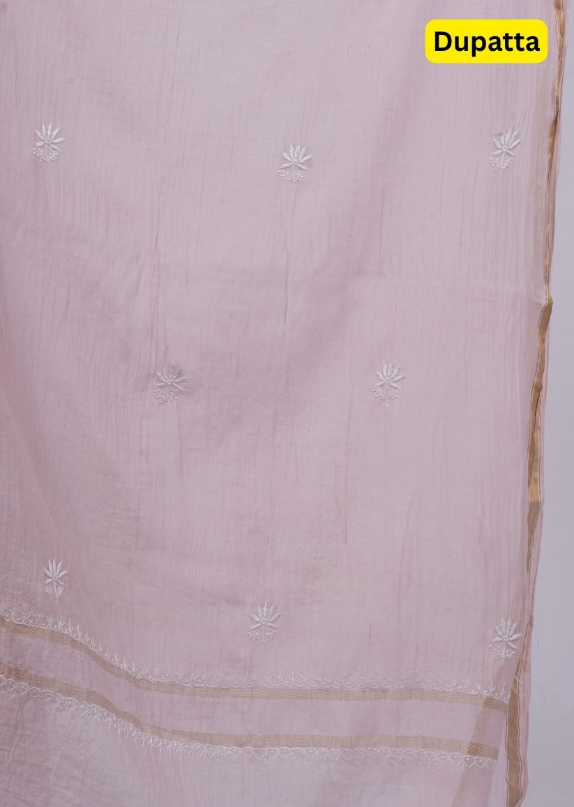 Firgun Pale Pink Lucknowi Chikankari Mul Chanderi Unstitched Kurta & Dupatta Set
