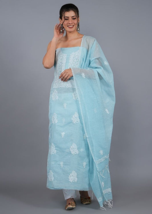 Firgun Blue Lucknowi Chikankari Linen Unstitched Kurta & Dupatta Set