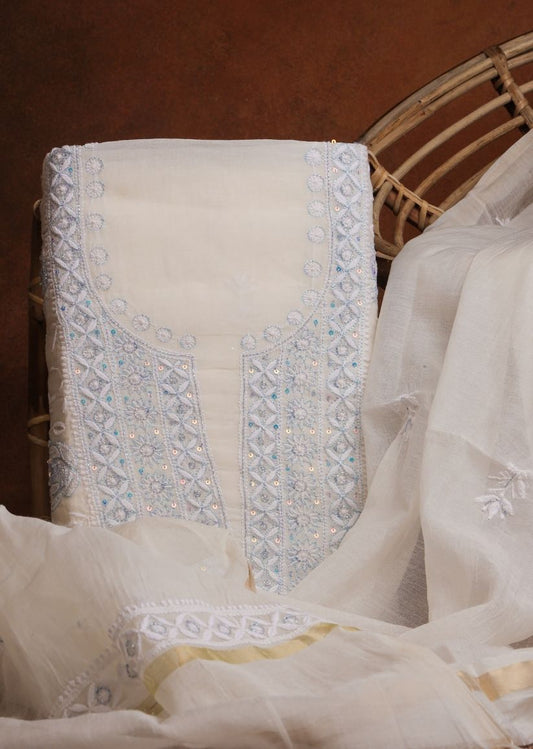 Firgun White & Blue Lucknowi Chikankari Mul Chanderi Unstitched Kurta & Dupatta Set
