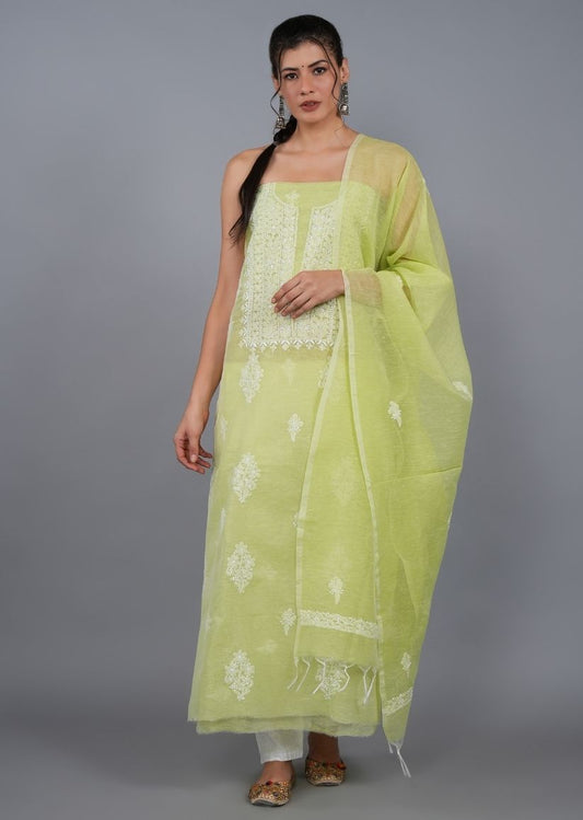 Firgun Green Lucknowi Chikankari Linen Unstitched Kurta & Dupatta Set