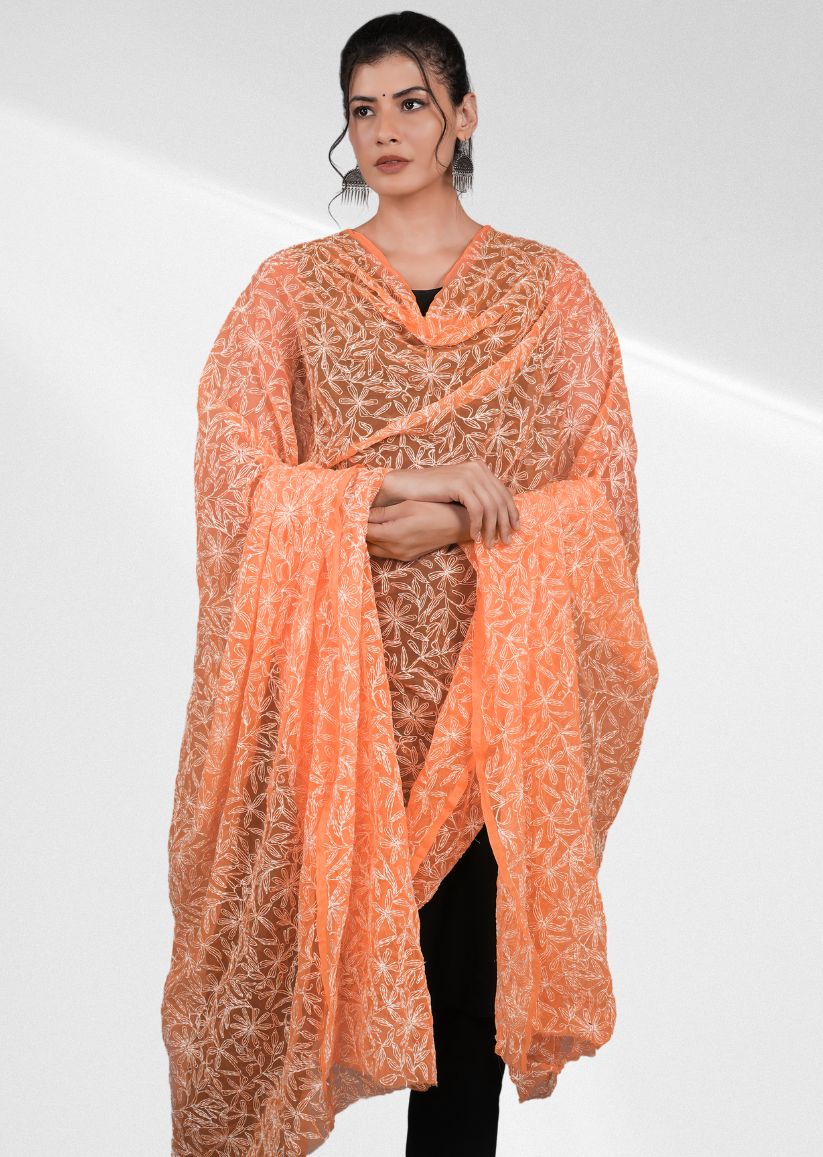 Firgun Orange Tepchi Lucknowi Chikankari Georgette Dupatta2