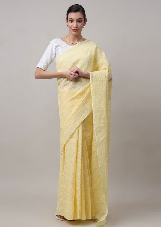 Firgun Mustard Lucknowi Chikankari Kota Doria Tepchi Work Saree with Blouse Piece