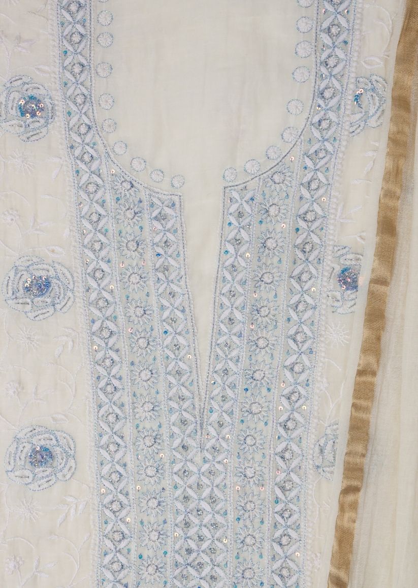 Firgun White & Blue Lucknowi Chikankari Mul Chanderi Unstitched Kurta & Dupatta Set