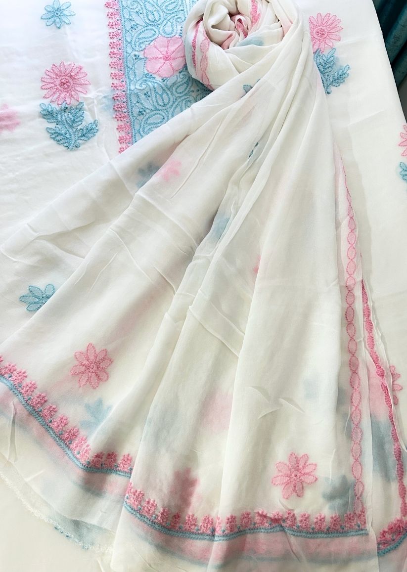 Firgun White Multi Colour Lucknowi Chikankari Viscose Georgette Unstitched Kurta & Dupatta Set