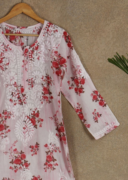 Firgun White Pink Printed Lucknowi Chikankari Cotton Kurta