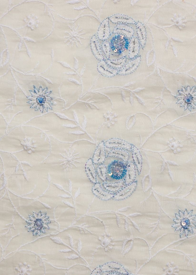 Firgun White & Blue Lucknowi Chikankari Mul Chanderi Unstitched Kurta & Dupatta Set