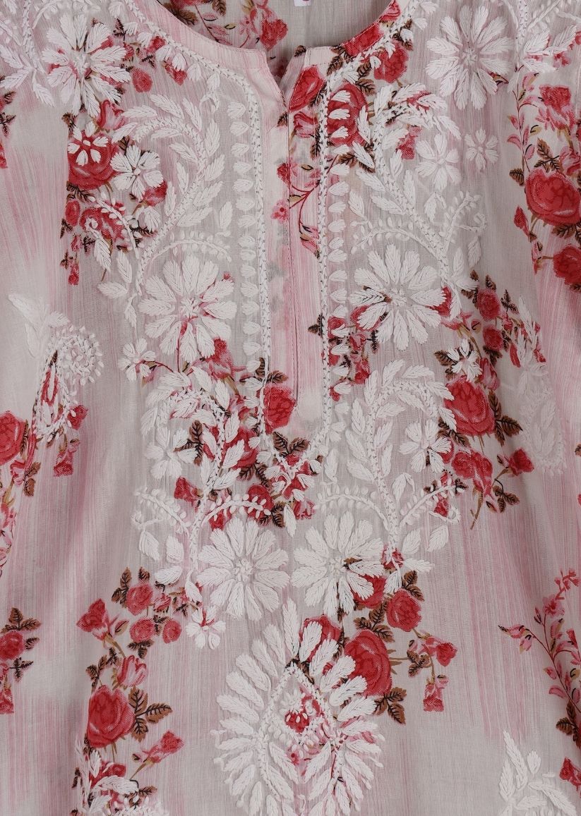 Firgun White Pink Printed Lucknowi Chikankari Cotton Kurta