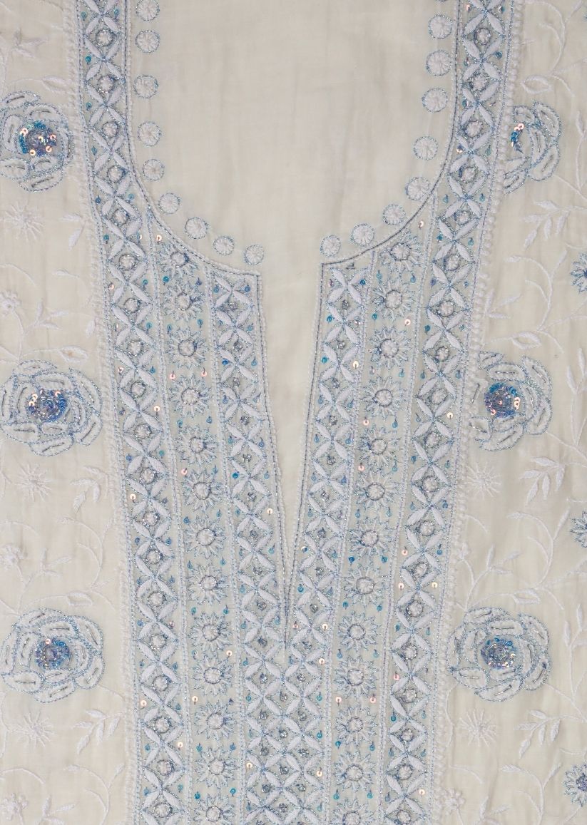 Firgun White & Blue Lucknowi Chikankari Mul Chanderi Unstitched Kurta & Dupatta Set
