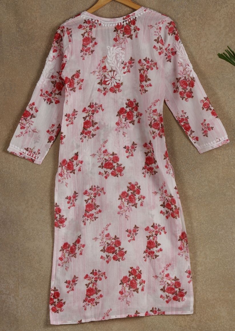 Firgun White Pink Printed Lucknowi Chikankari Cotton Kurta
