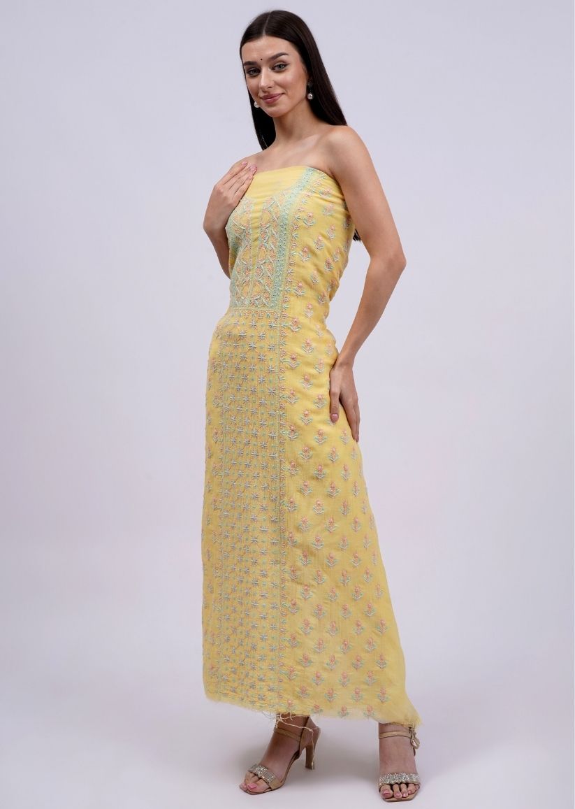 Firgun Lemon Lucknowi Chikankari Mul Chanderi Unstitched Kurta & Dupatta Set