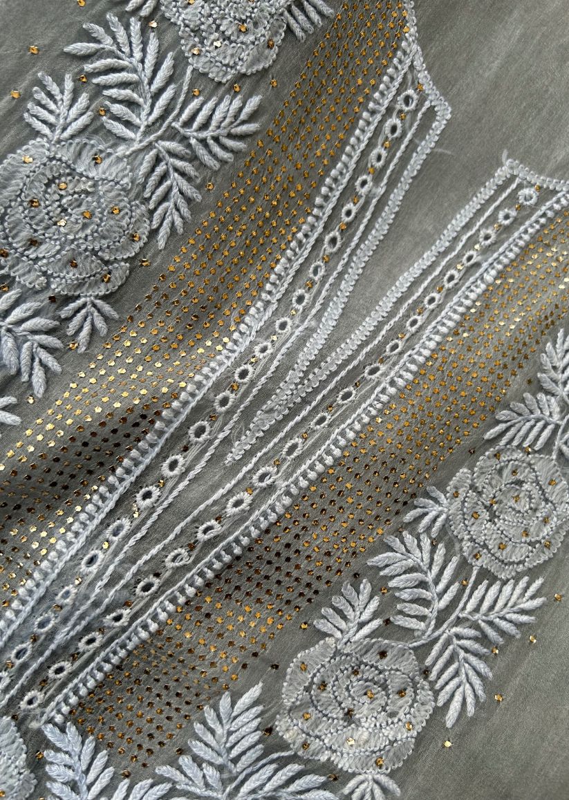 Firgun Grey Lucknowi Chikankari Pure Organza Unstitched Kurta & Dupatta Set