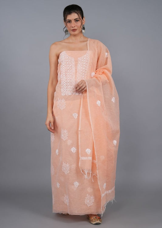 Firgun Orange Lucknowi Chikankari Linen Unstitched Kurta & Dupatta Set