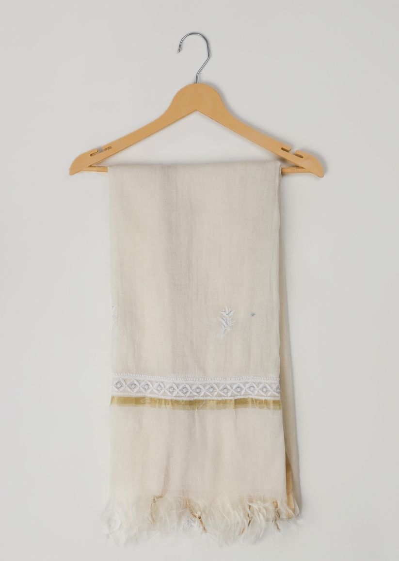 Firgun White & Blue Lucknowi Chikankari Mul Chanderi Unstitched Kurta & Dupatta Set