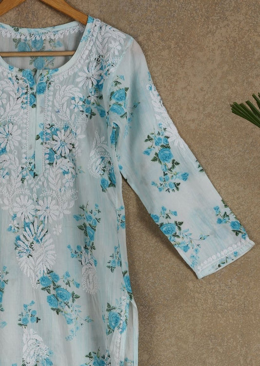 Firgun White Blue Printed Lucknowi Chikankari Cotton Kurta