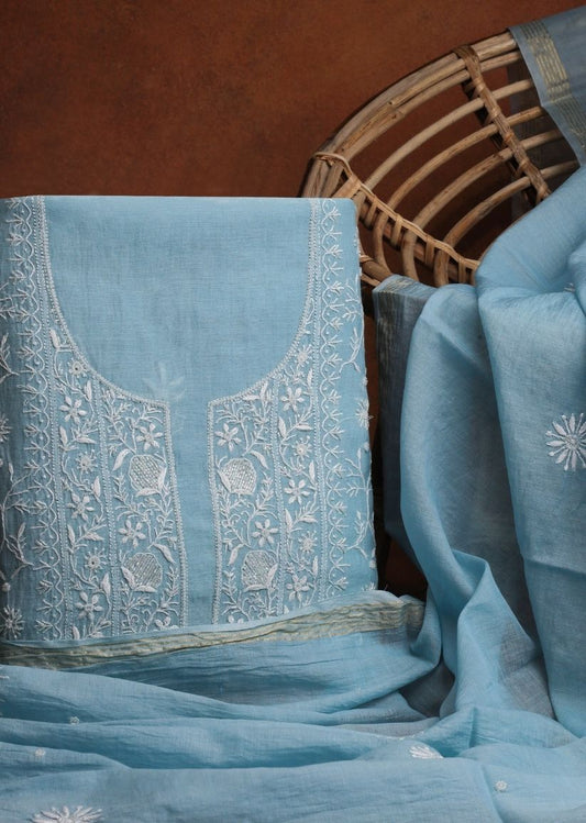 Firgun Cerulean Blue Lucknowi Chikankari Mul Chanderi Unstitched Kurta & Dupatta Set