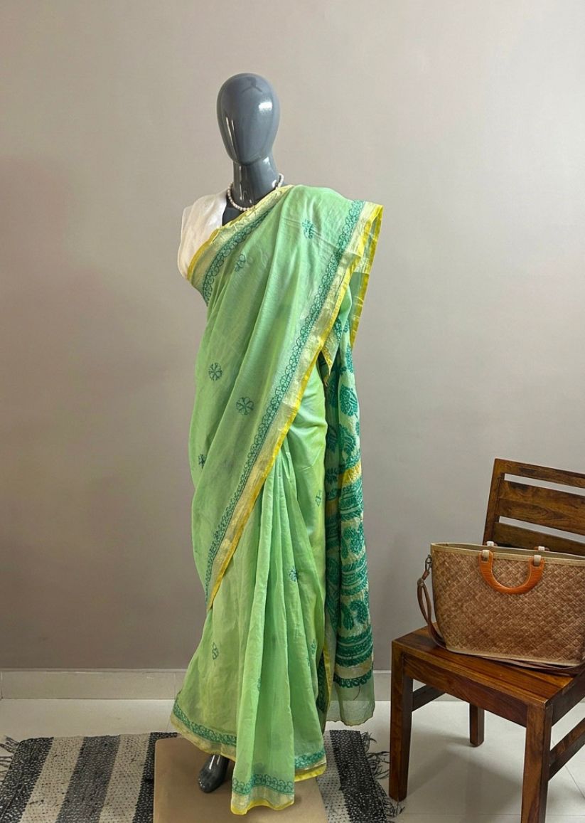 Firgun Green Lucknowi Chikankari Chanderi Saree with Unstitched Blouse Piece