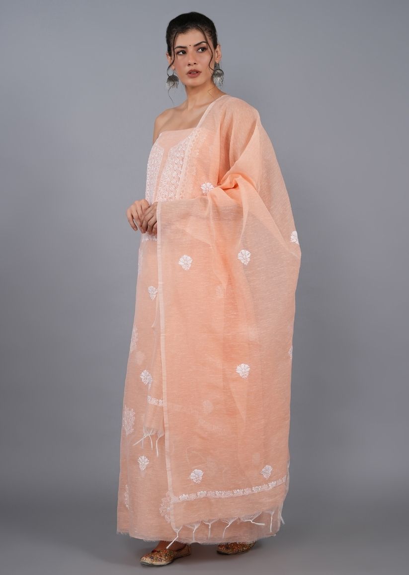 Firgun Orange Lucknowi Chikankari Linen Unstitched Kurta & Dupatta Set