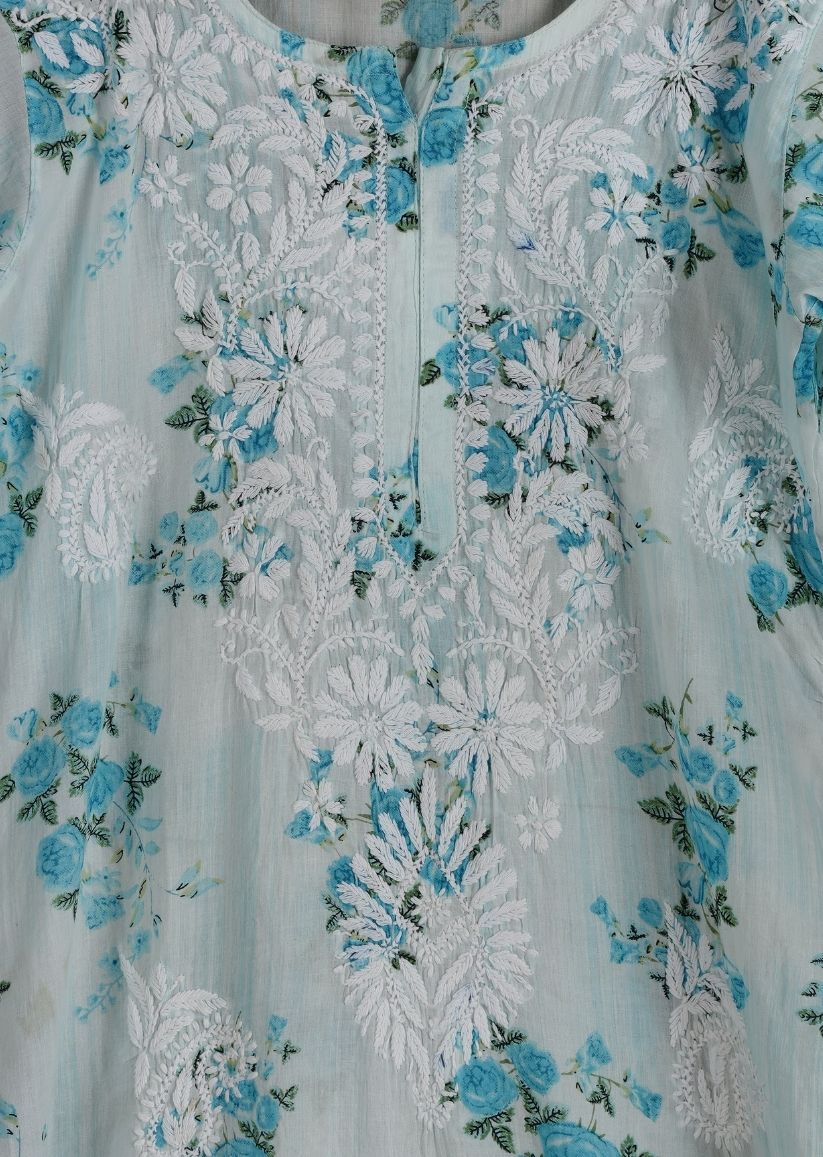 Firgun White Blue Printed Lucknowi Chikankari Cotton Kurta