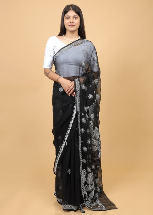 Firgun Black Lucknowi Chikankari Georgette Saree with Unstitched Blouse Piece