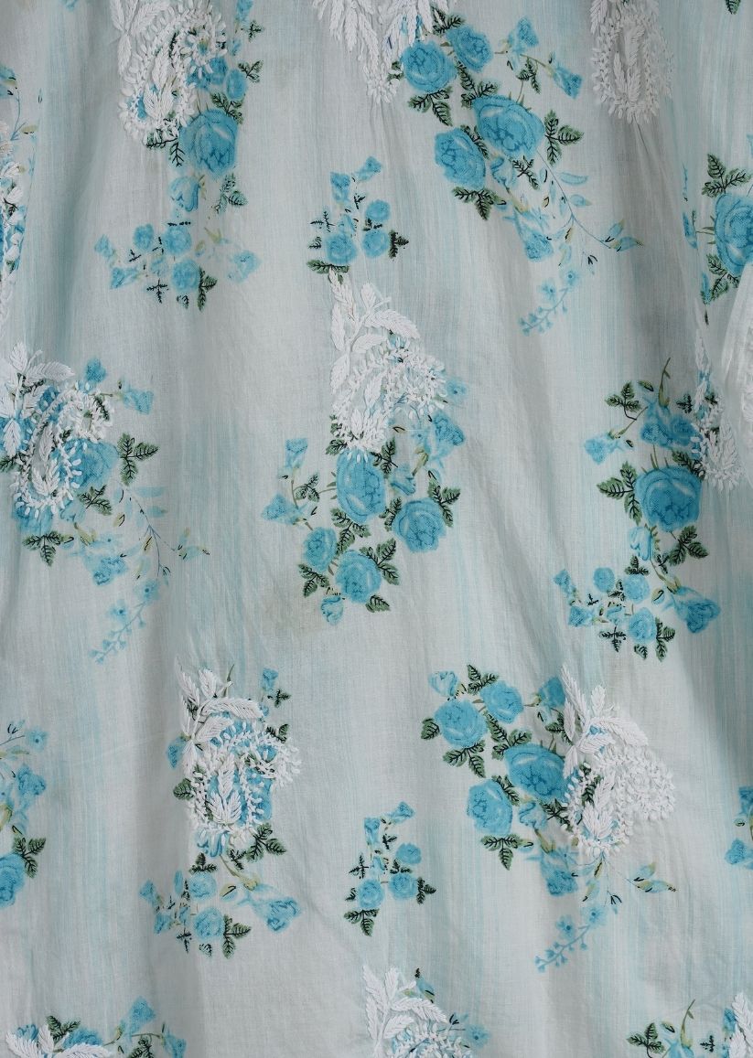 Firgun White Blue Printed Lucknowi Chikankari Cotton Kurta