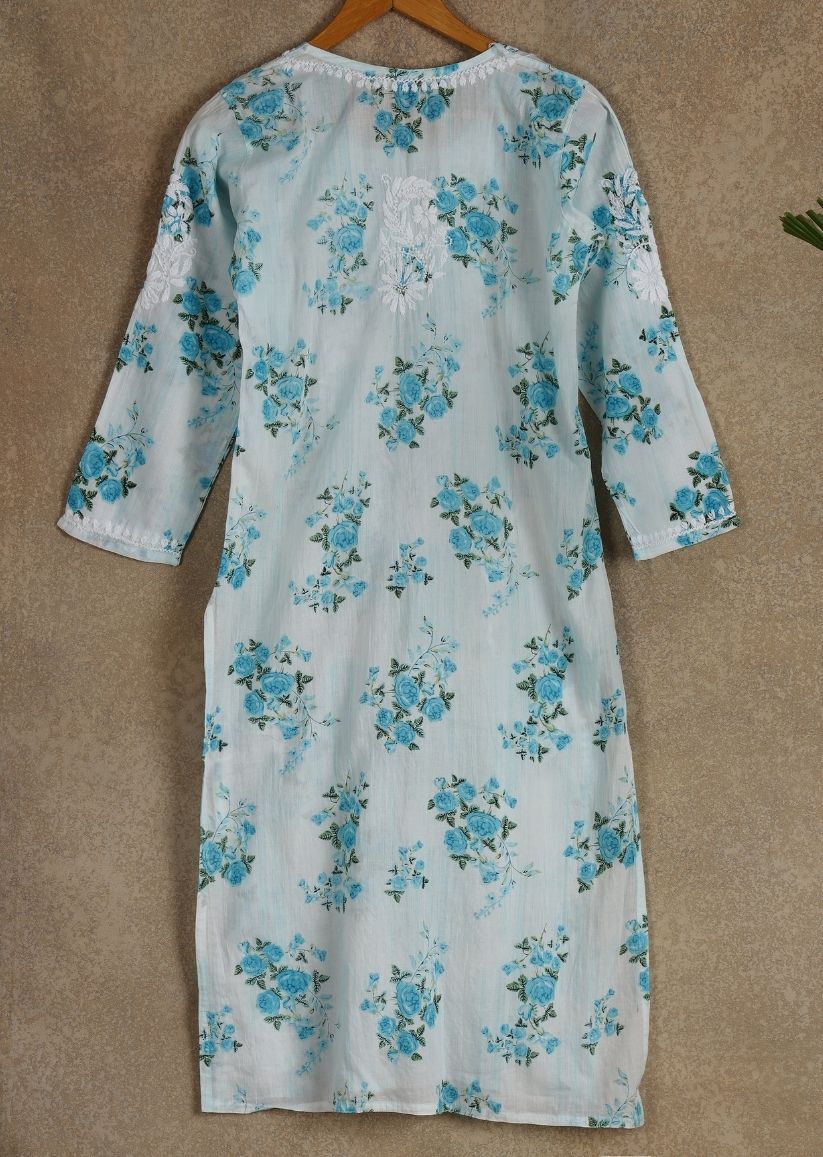 Firgun White Blue Printed Lucknowi Chikankari Cotton Kurta