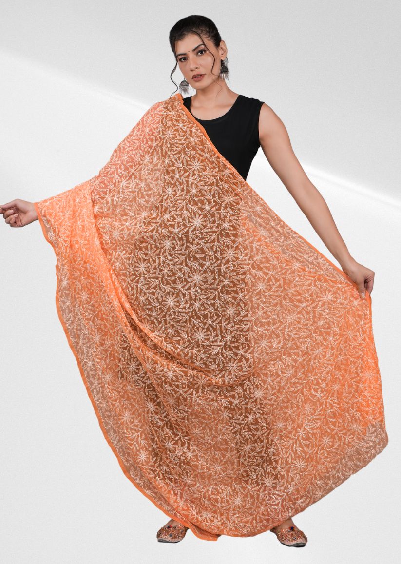 Firgun Orange Tepchi Lucknowi Chikankari Georgette Dupatta2