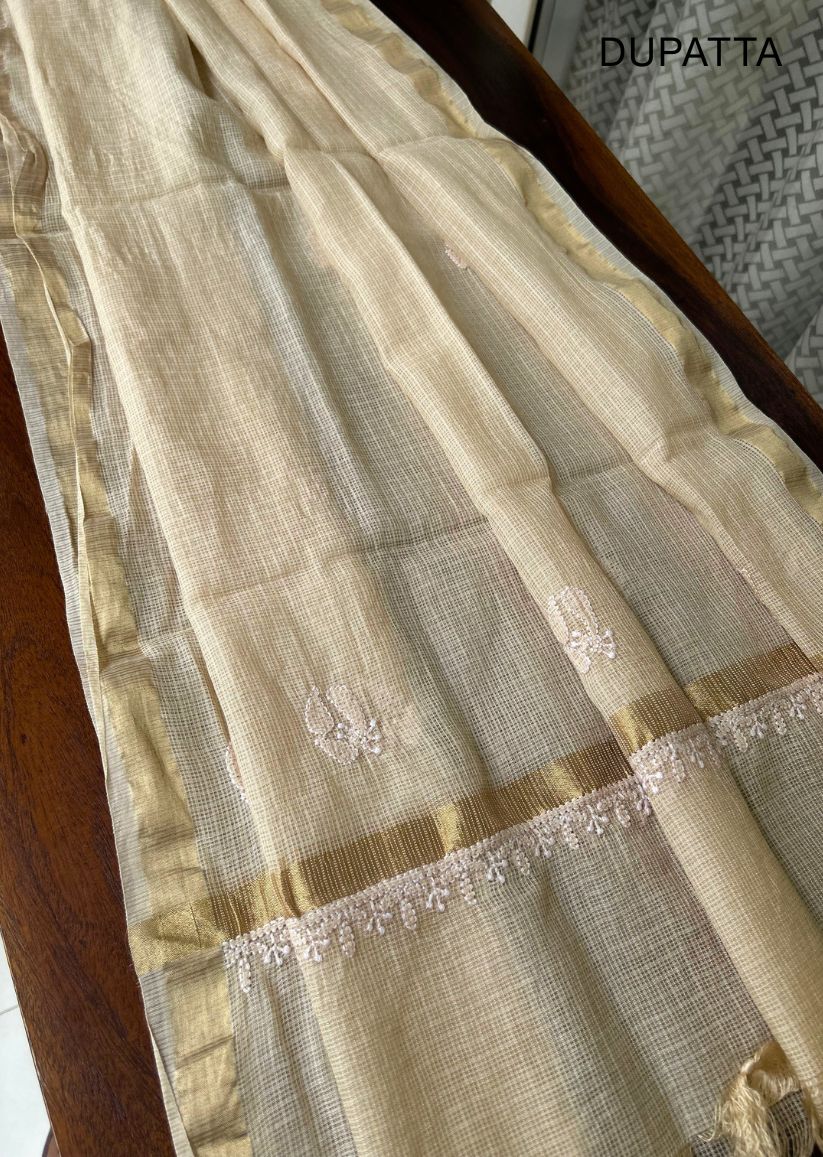 Firgun Beige Lucknowi Chikankari Kota Unstitched Kurta & Dupatta Set