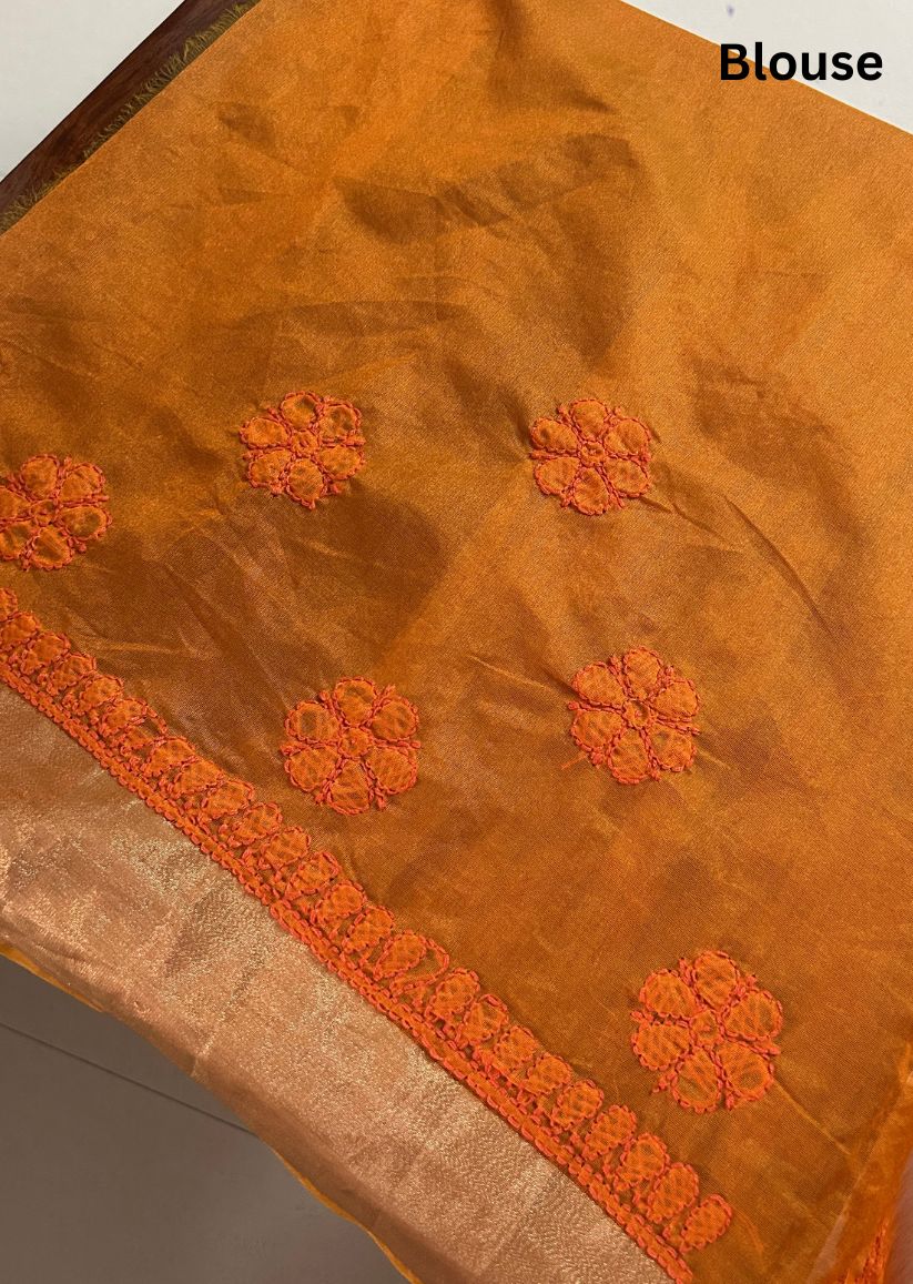 Firgun Orange Lucknowi Chikankari Chanderi Saree with Unstitched Blouse Piece