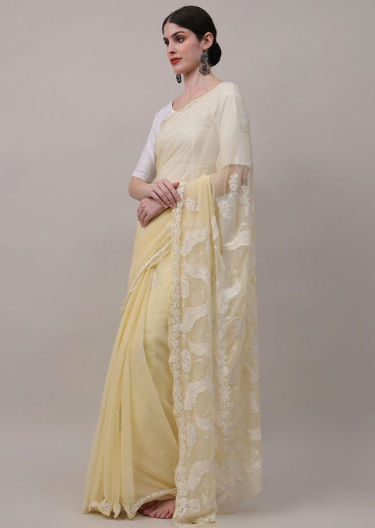 Firgun Mustard Yellow Lucknowi Chikankari Georgette Saree with Unstitched Blouse Piece