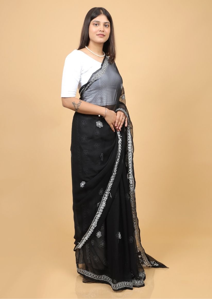 Firgun Black Lucknowi Chikankari Georgette Saree with Unstitched Blouse Piece