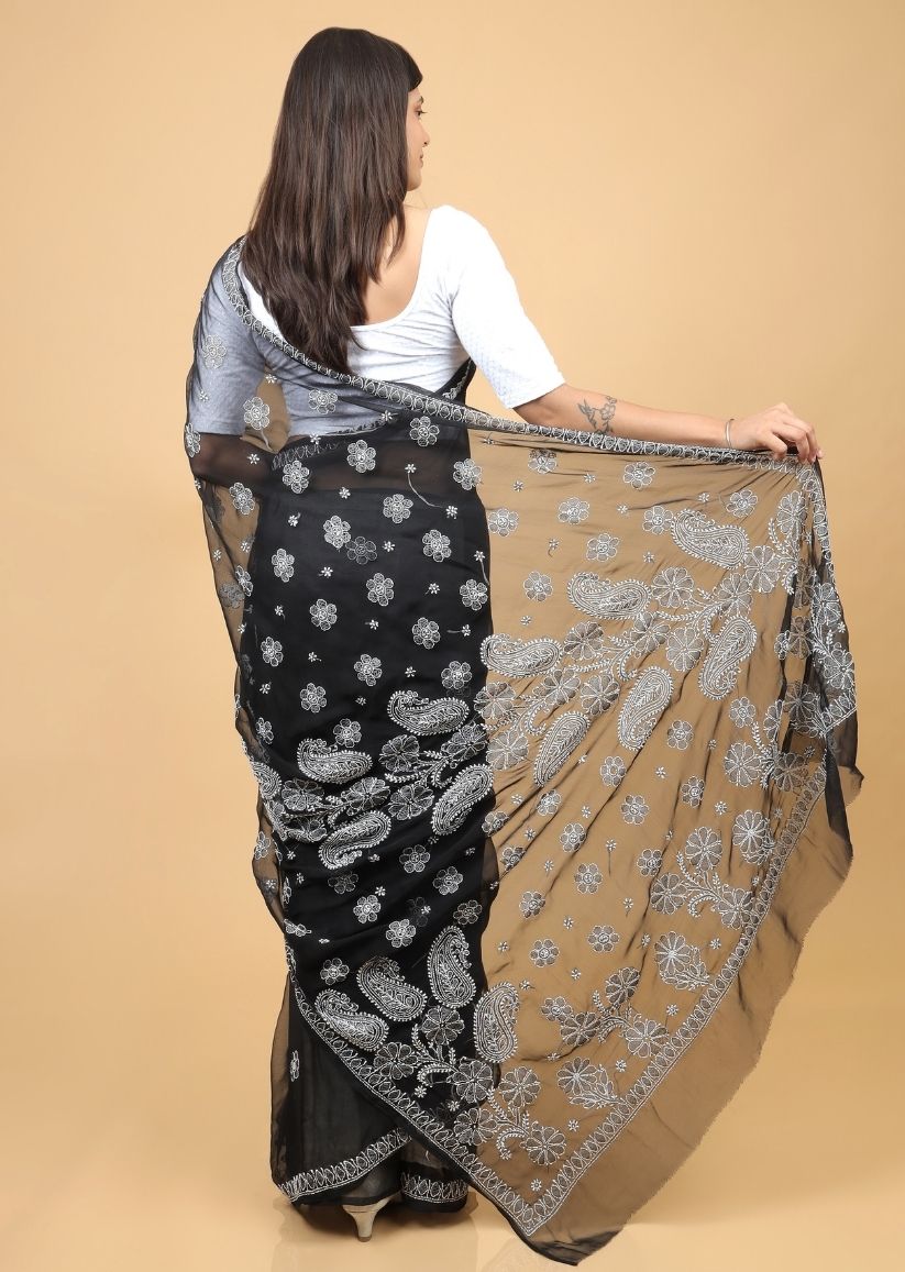 Firgun Black Lucknowi Chikankari Georgette Saree with Unstitched Blouse Piece