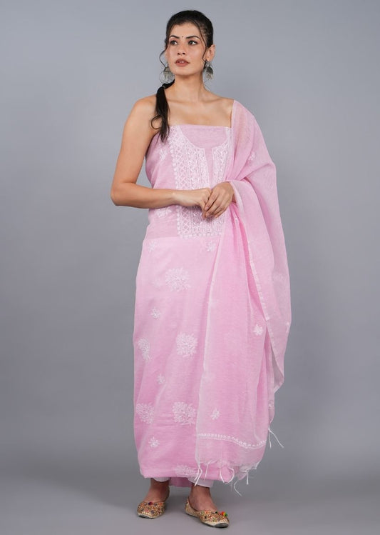 Firgun Pink Lucknowi Chikankari Linen Unstitched Kurta & Dupatta Set