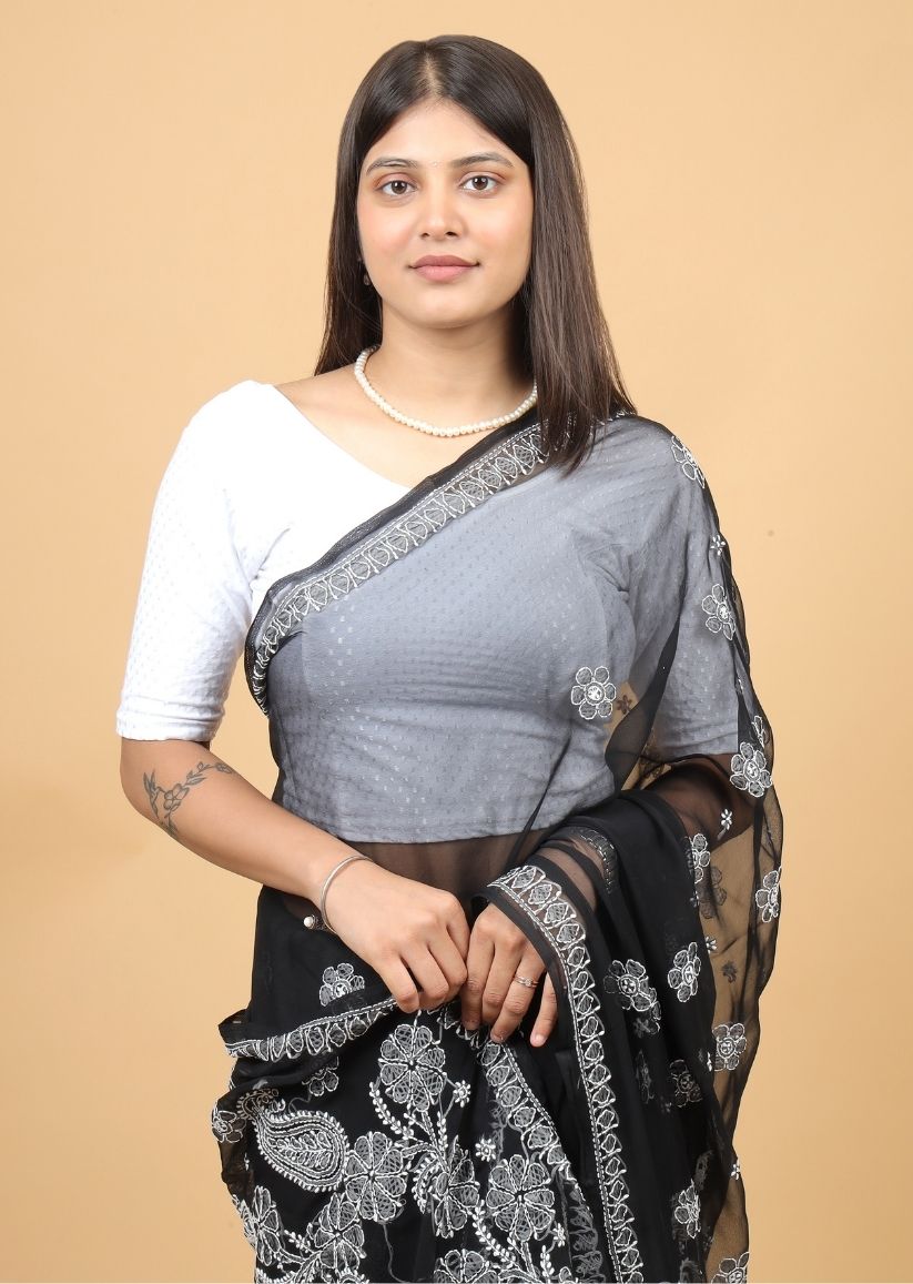 Firgun Black Lucknowi Chikankari Georgette Saree with Unstitched Blouse Piece