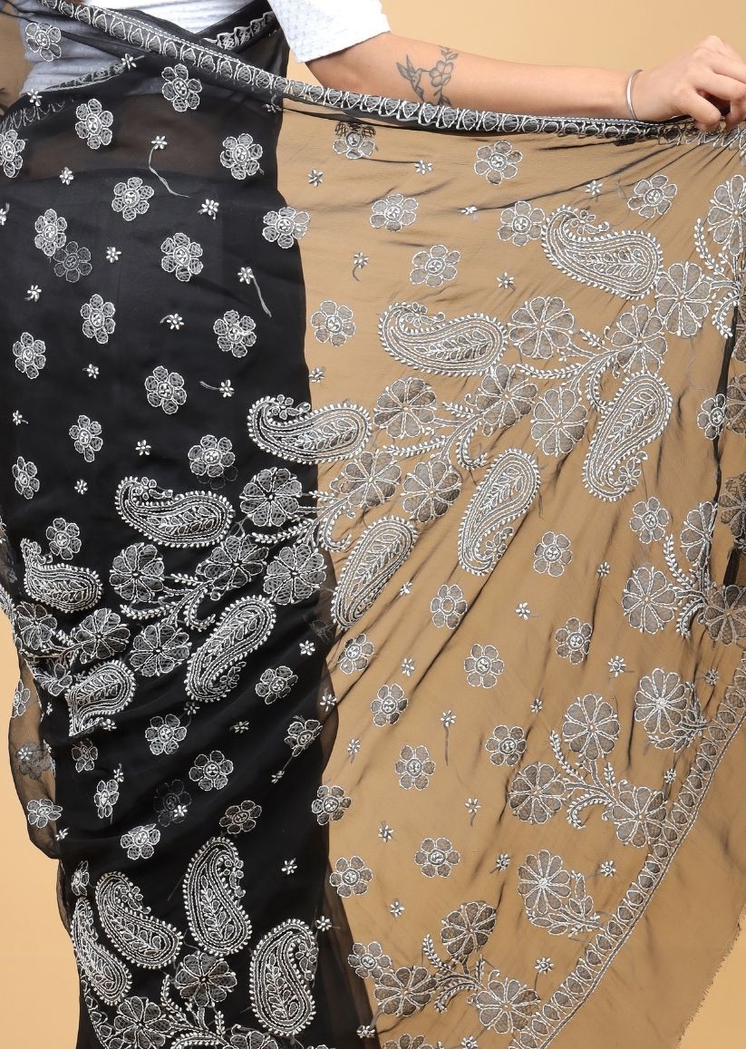 Firgun Black Lucknowi Chikankari Georgette Saree with Unstitched Blouse Piece