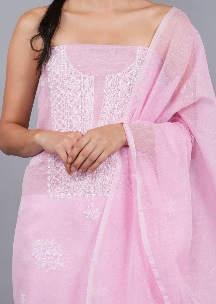 Firgun Pink Lucknowi Chikankari Linen Unstitched Kurta & Dupatta Set