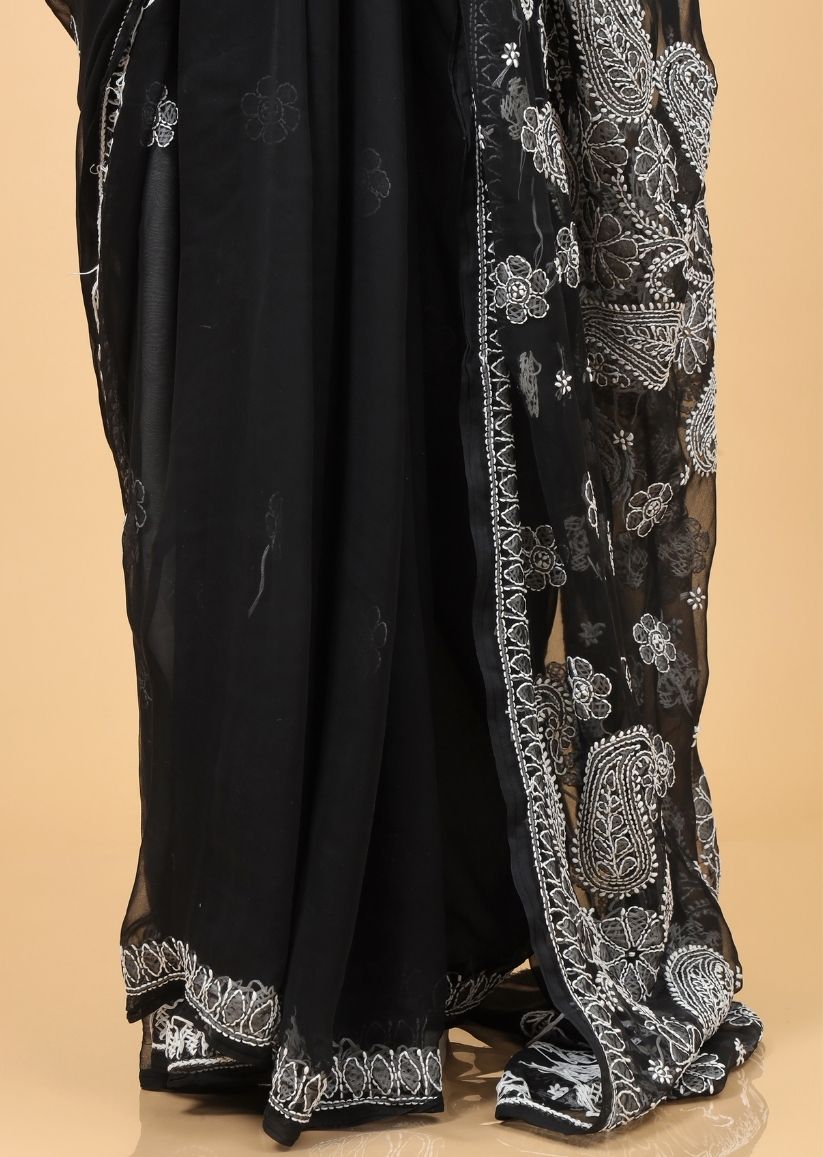 Firgun Black Lucknowi Chikankari Georgette Saree with Unstitched Blouse Piece