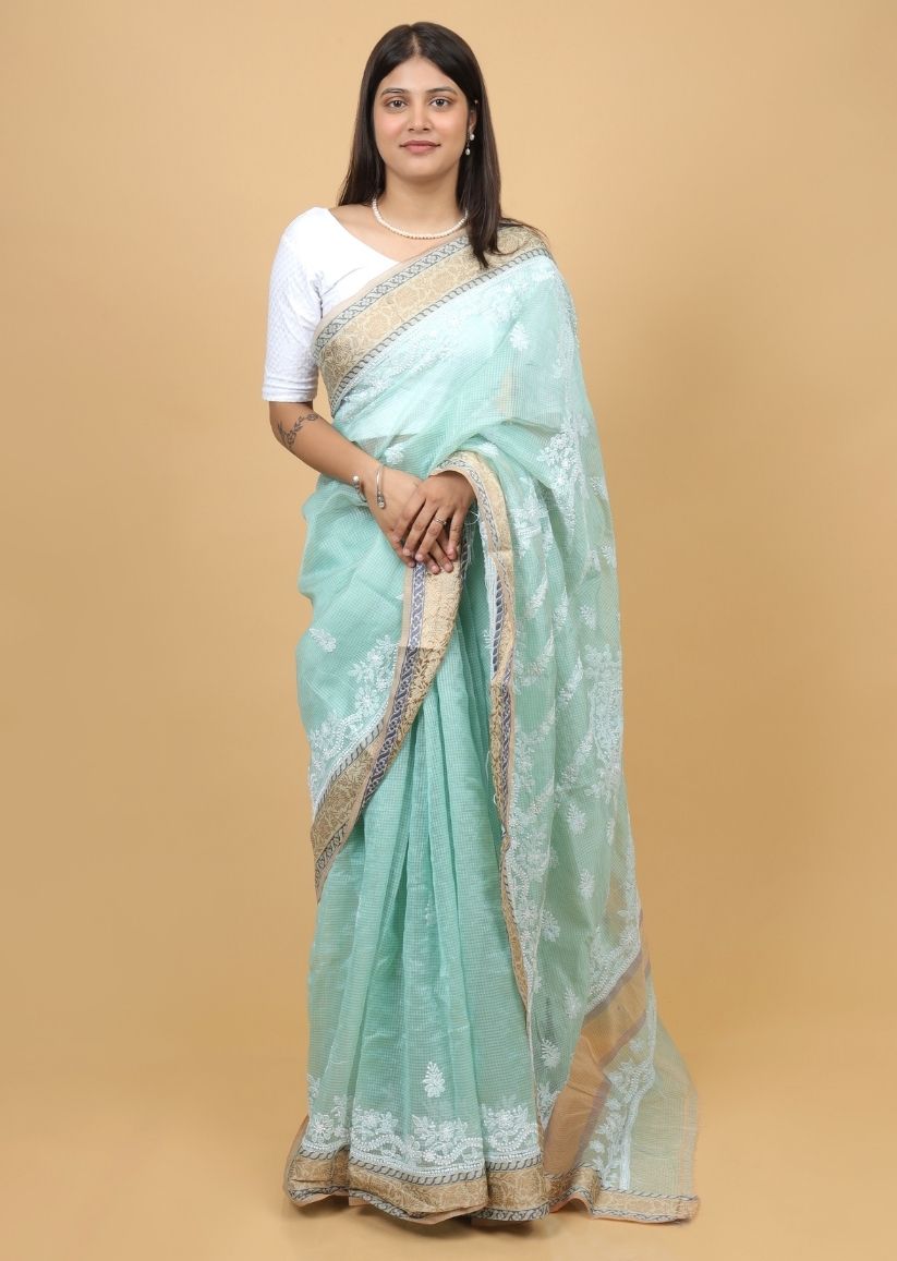 Firgun Green Lucknowi Chikankari Cotton Saree with Unstitched Blouse Piece