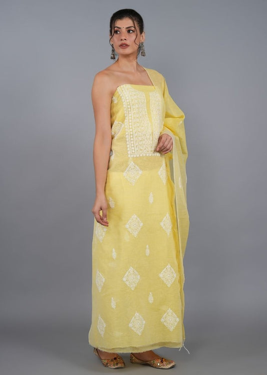 Firgun Yellow Lucknowi Chikankari Linen Unstitched Kurta & Dupatta Set