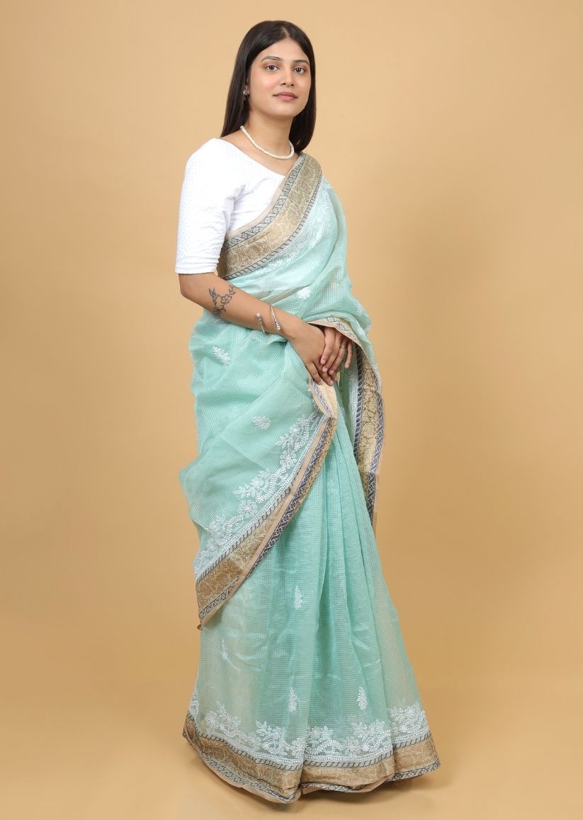 Firgun Green Lucknowi Chikankari Cotton Saree with Unstitched Blouse Piece