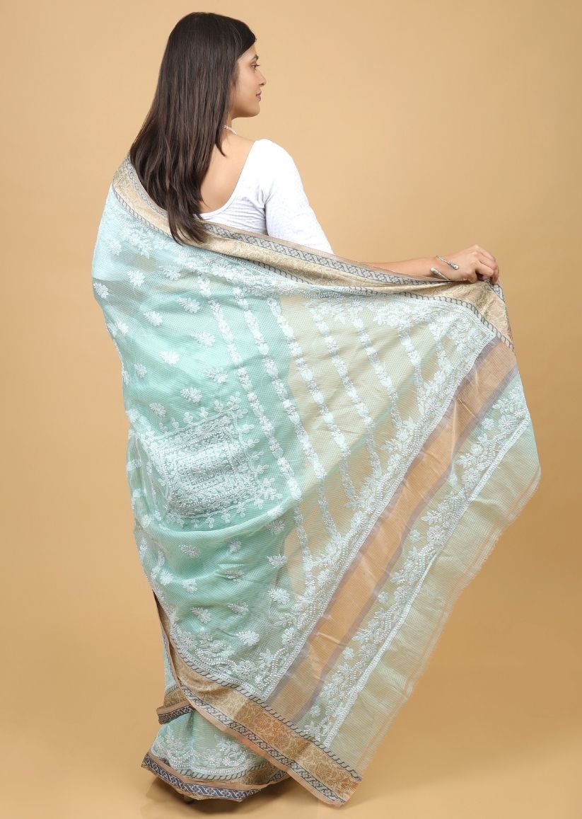 Firgun Green Lucknowi Chikankari Cotton Saree with Unstitched Blouse Piece