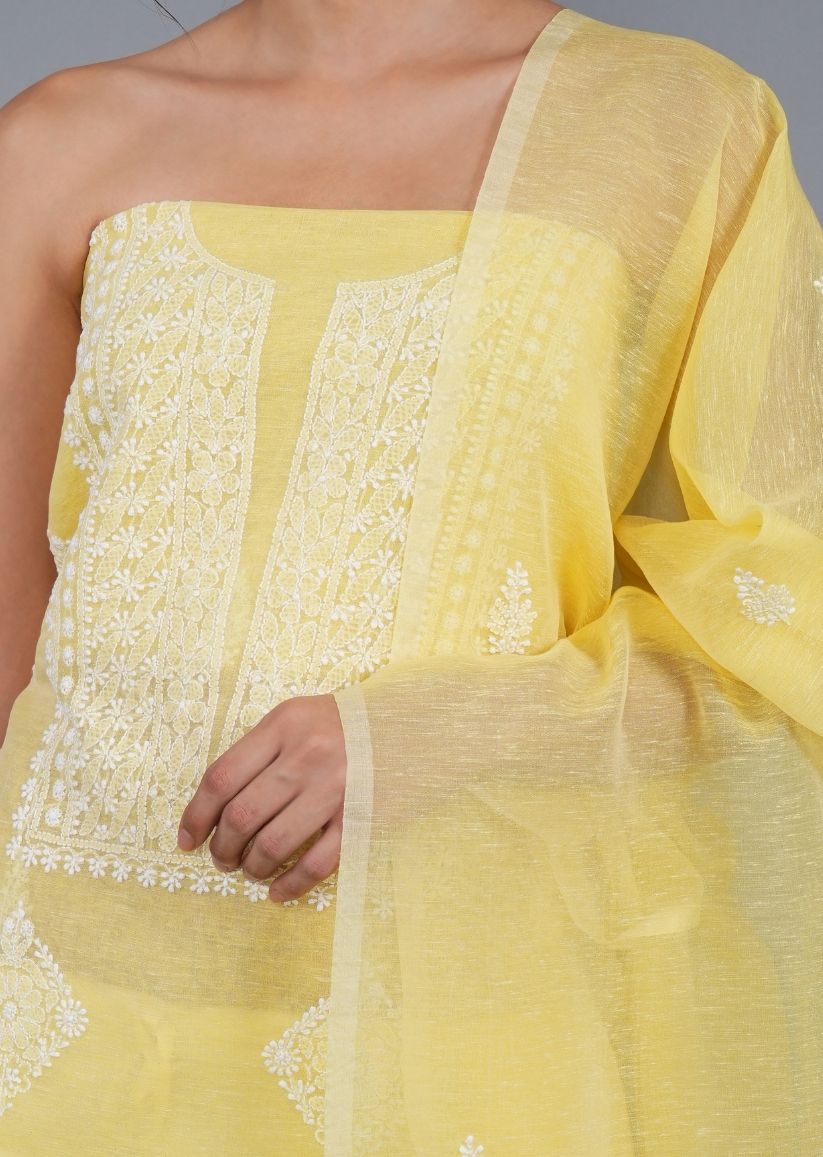 Firgun Yellow Lucknowi Chikankari Linen Unstitched Kurta & Dupatta Set