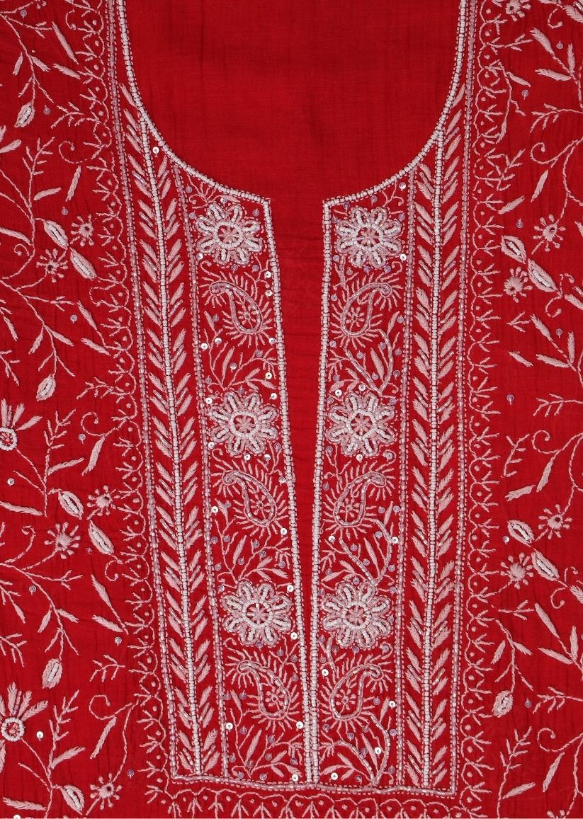 Firgun Red Lucknowi Chikankari Mul Chanderi Unstitched Kurta & Dupatta Set