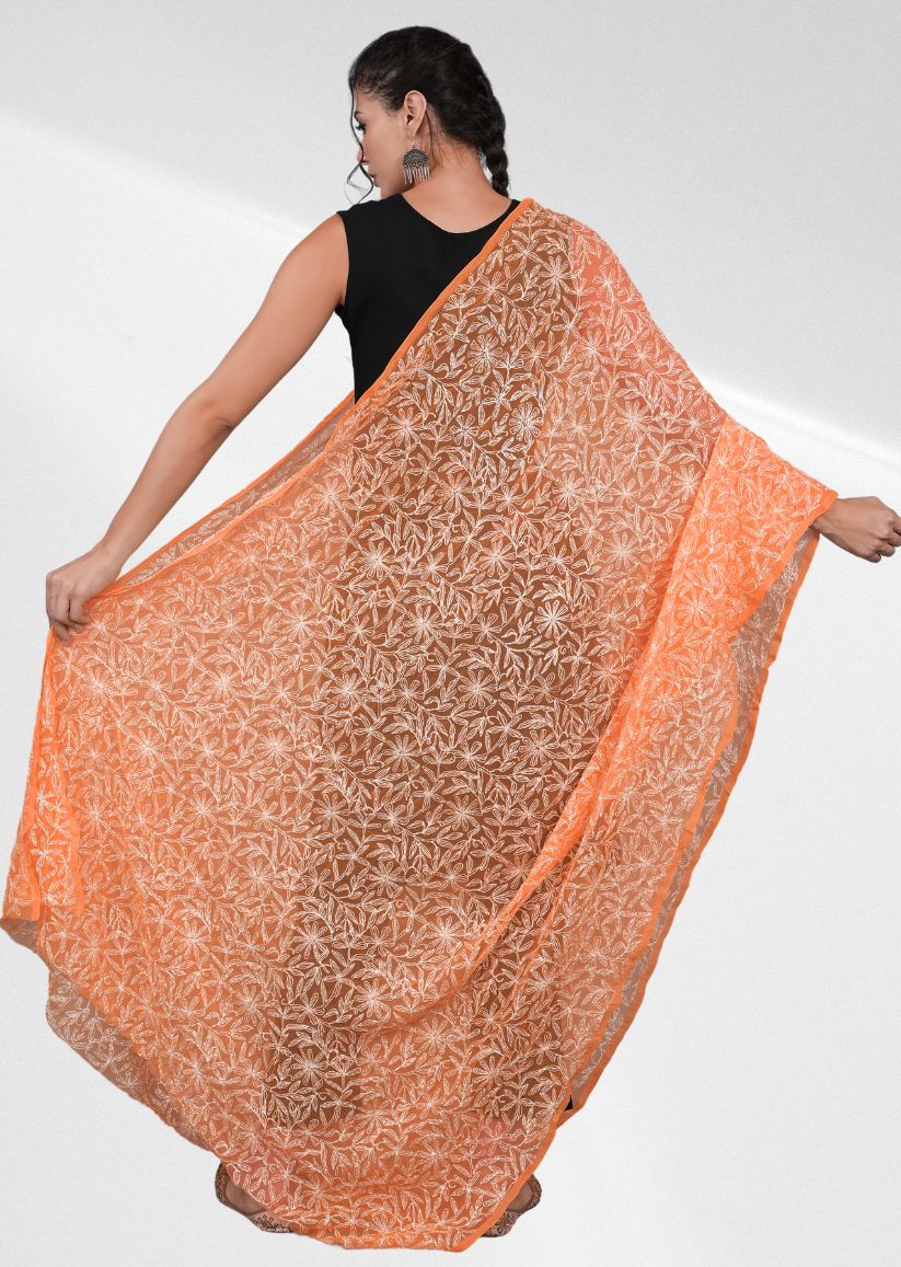 Firgun Orange Tepchi Lucknowi Chikankari Georgette Dupatta2