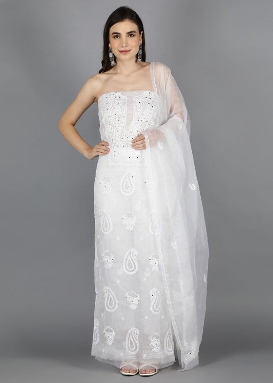 Firgun White Lucknowi Chikankari and Mukaish Work Organza Unstitched Kurta & Dupatta Set